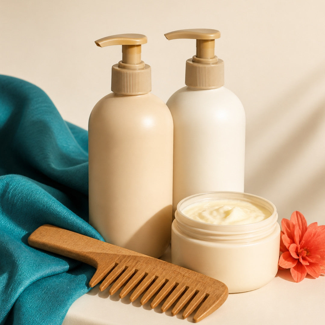 Hair care products: shampoo, conditioner, hair butter and a wooden comb