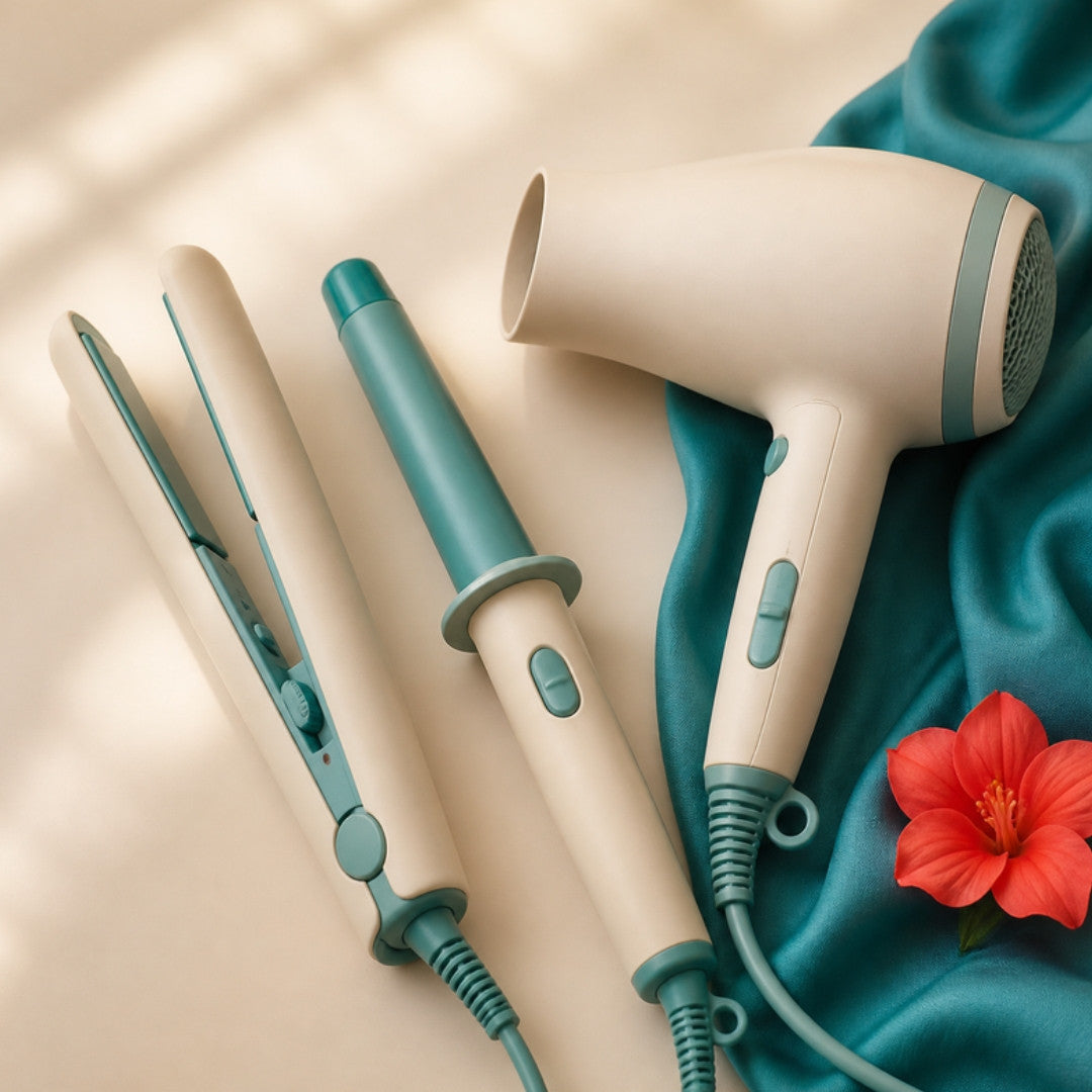 Styling tools: flat iron, curling wand and hair dryer