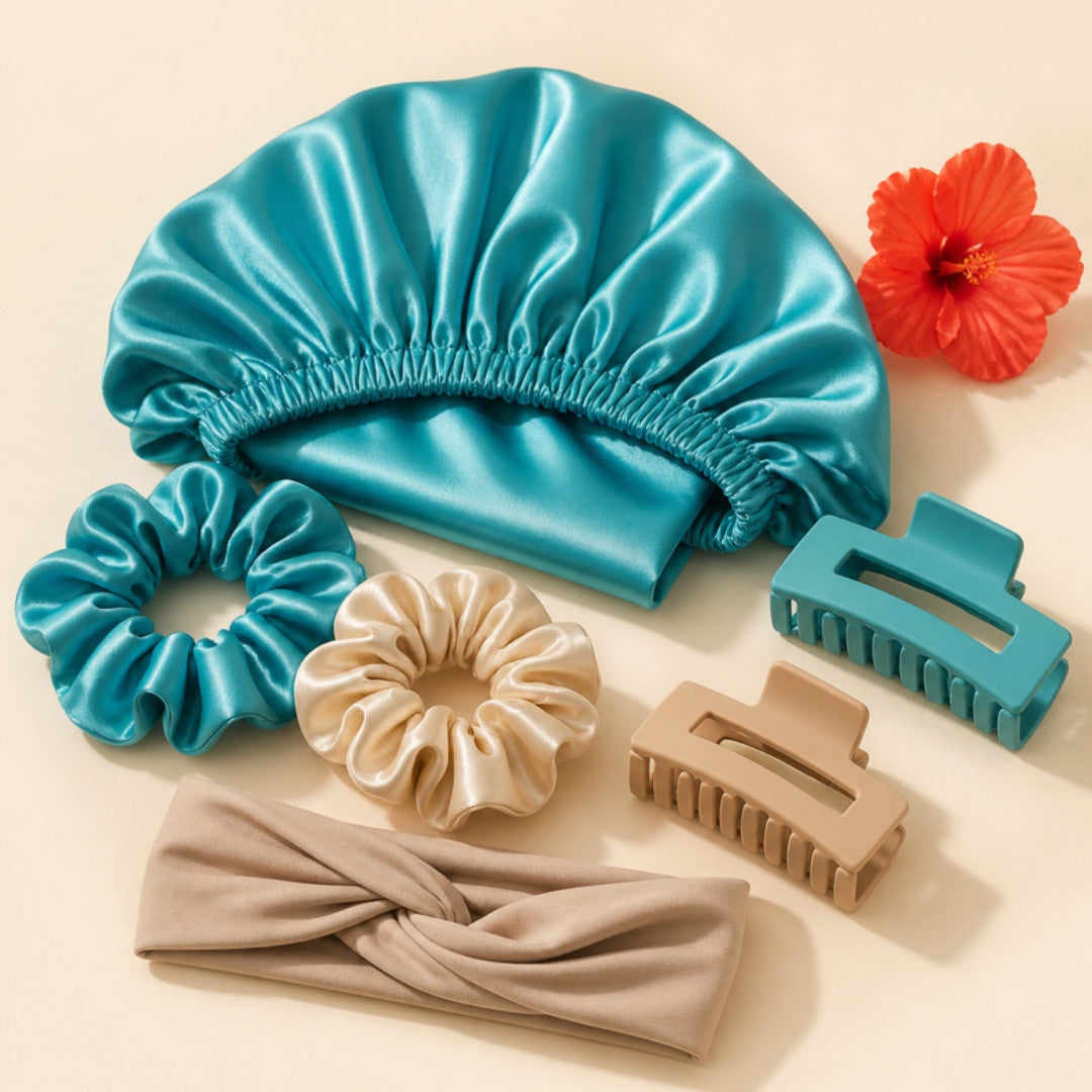 Hair accessories: satin bonnet, scrunchies, claw clips and headband
