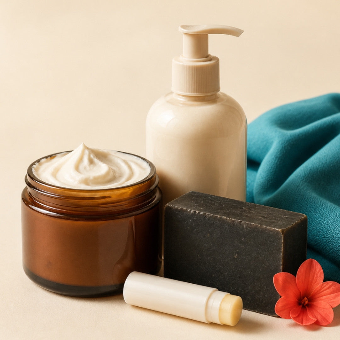 Skin and body care: shea butter, lotion, black soap and lip balm