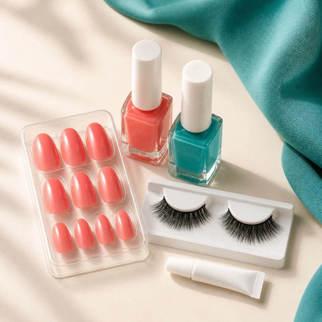 Nails and lashes: press-on nails, polish, false lashes and glue
