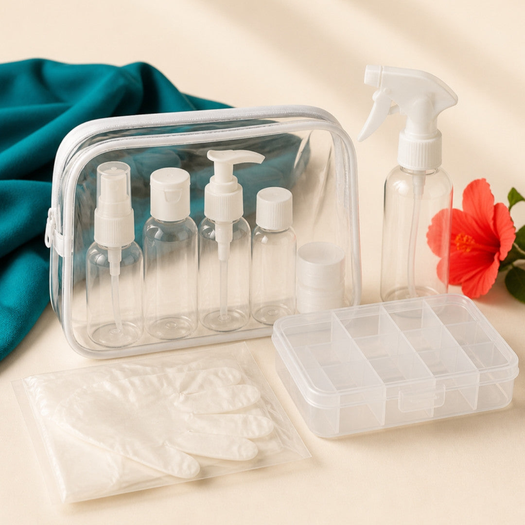 Travel-size bottles, spray bottle, gloves and an organizer