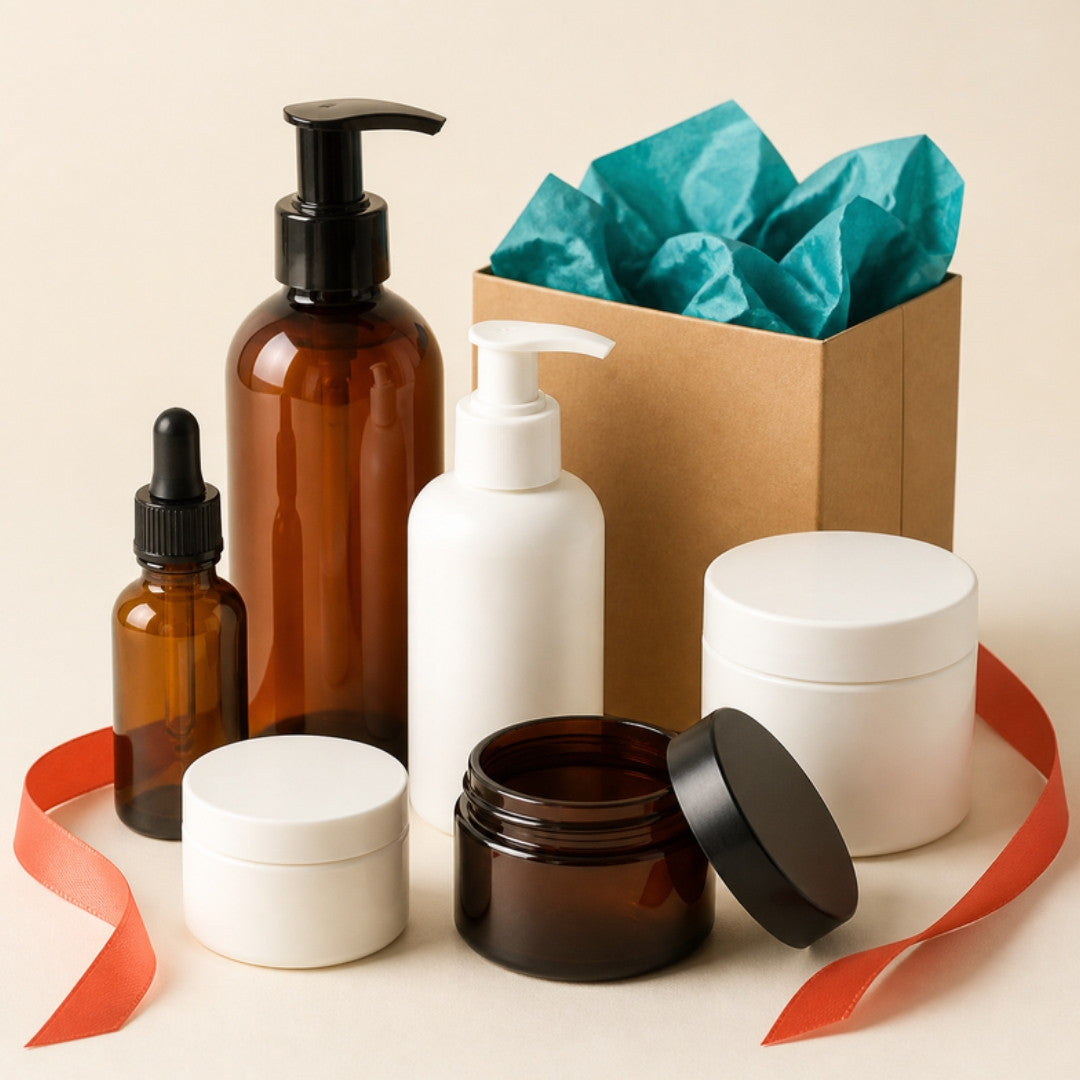 Cosmetic packaging: jars, pump bottles, dropper bottle and gift box
