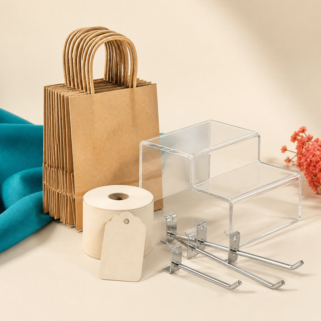 Store supplies: kraft shopping bags, price tags, display riser and peg hooks