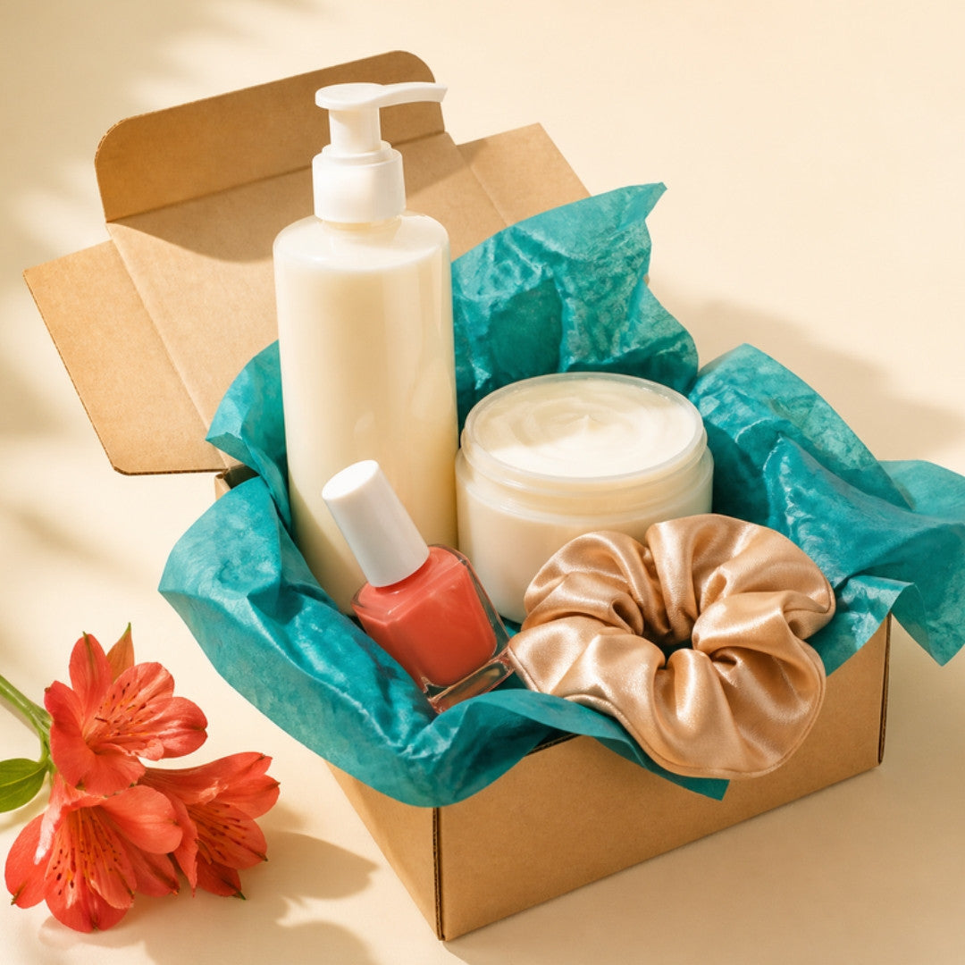 New beauty products unpacked from a shipping box with turquoise tissue