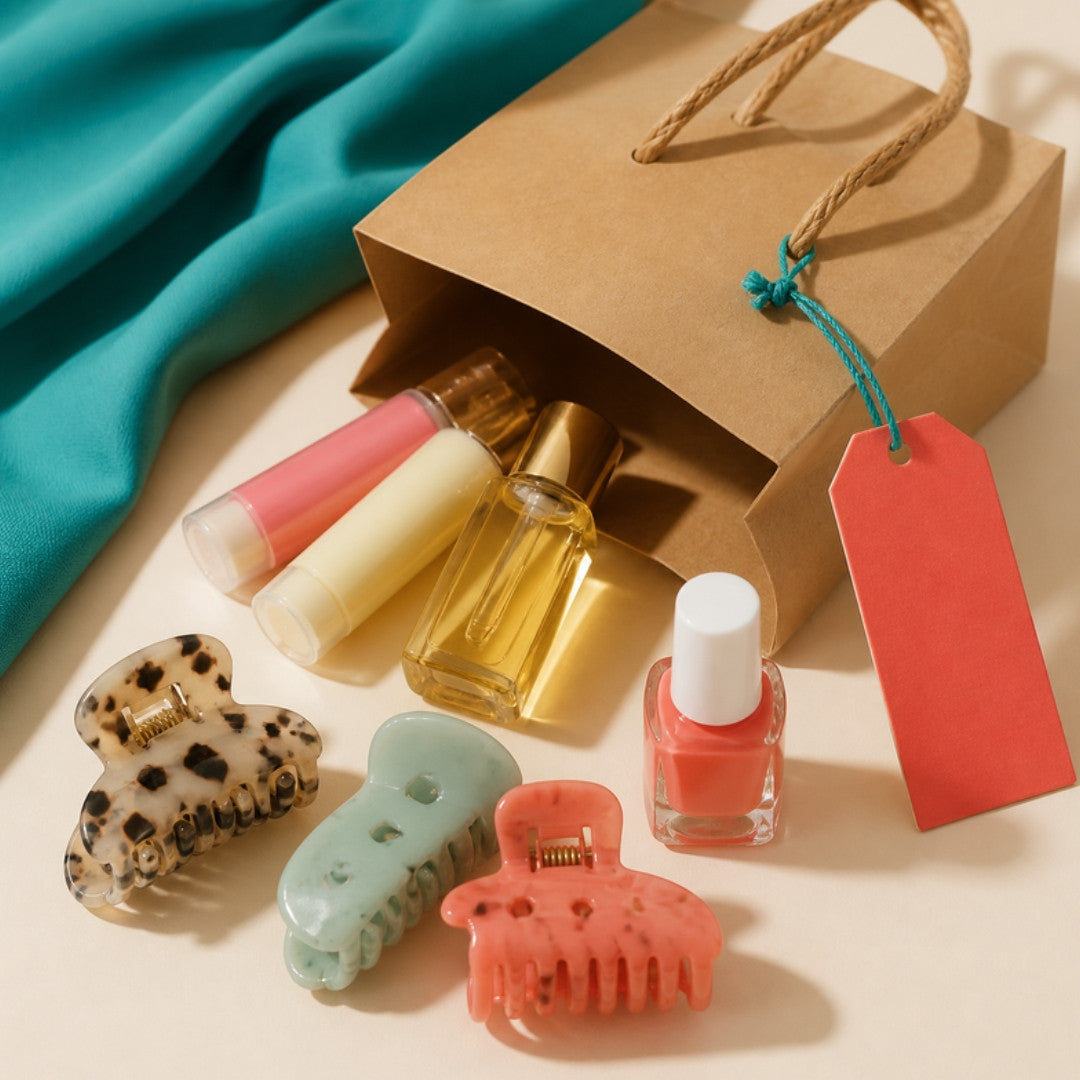 Lip balms, hair oil, nail polish and claw clips spilling from a shopping bag