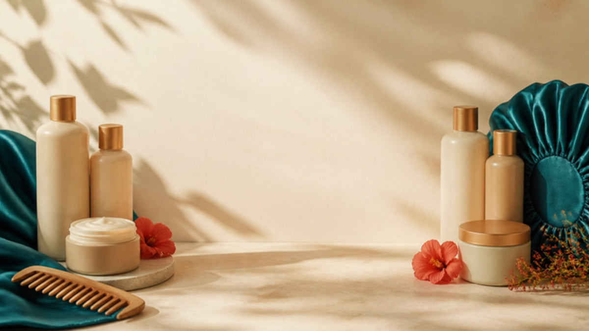Hair care products arranged on a cream tabletop