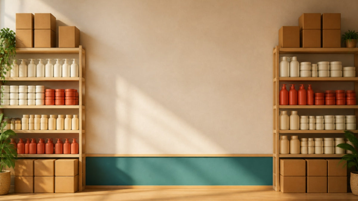 Stocked shelves of beauty products and case-pack boxes